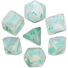 Juego de dados de color verde menta con purpurina y glifo de polvo de estrellas